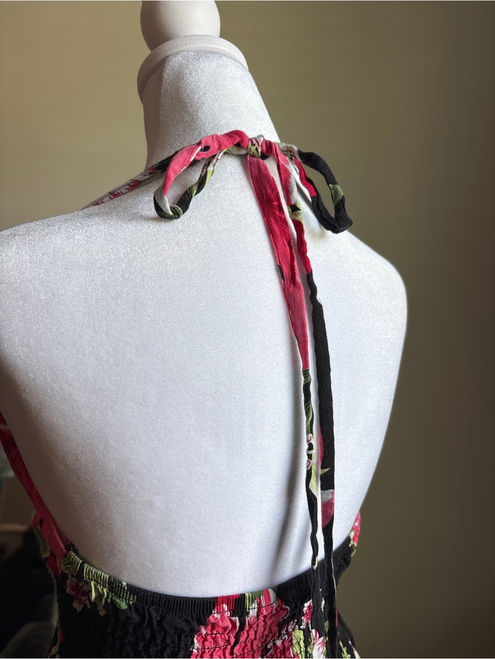 Halter handkerchief hem Floral Dress in Black with Pink Hibiscus - Picture 7 of 7